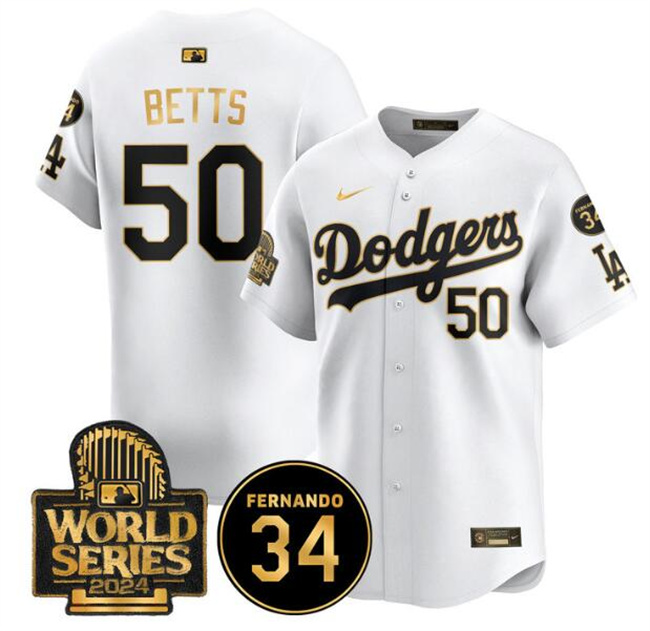 Men's Los Angeles Dodgers #50 Mookie Betts White/Gold 2024 World Series With Fernando Memorial Patch Limited Stitched Baseball Jersey Men's Los Angeles Dodgers #50 Mookie Betts White/Gold 2024 World Series With Fernando Memorial Patch Limited Stitched Baseball Jersey